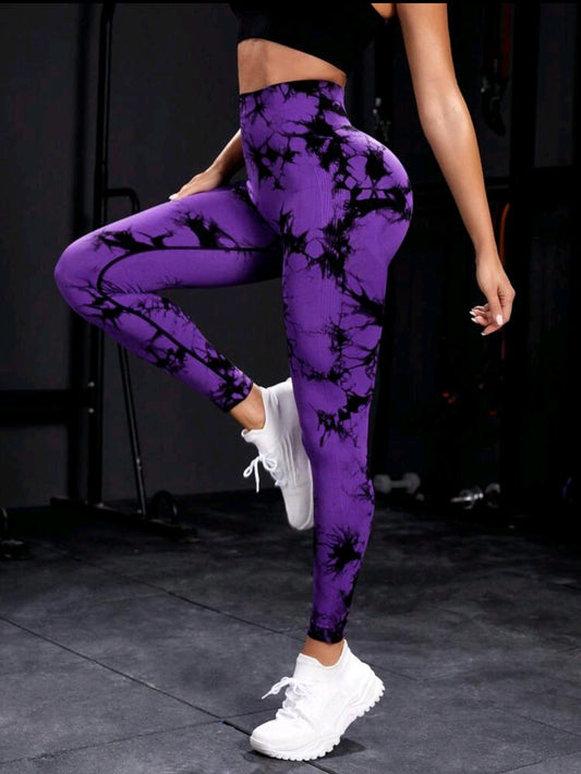 Leggings deportivos Morado Tie Dye de cintura ancha